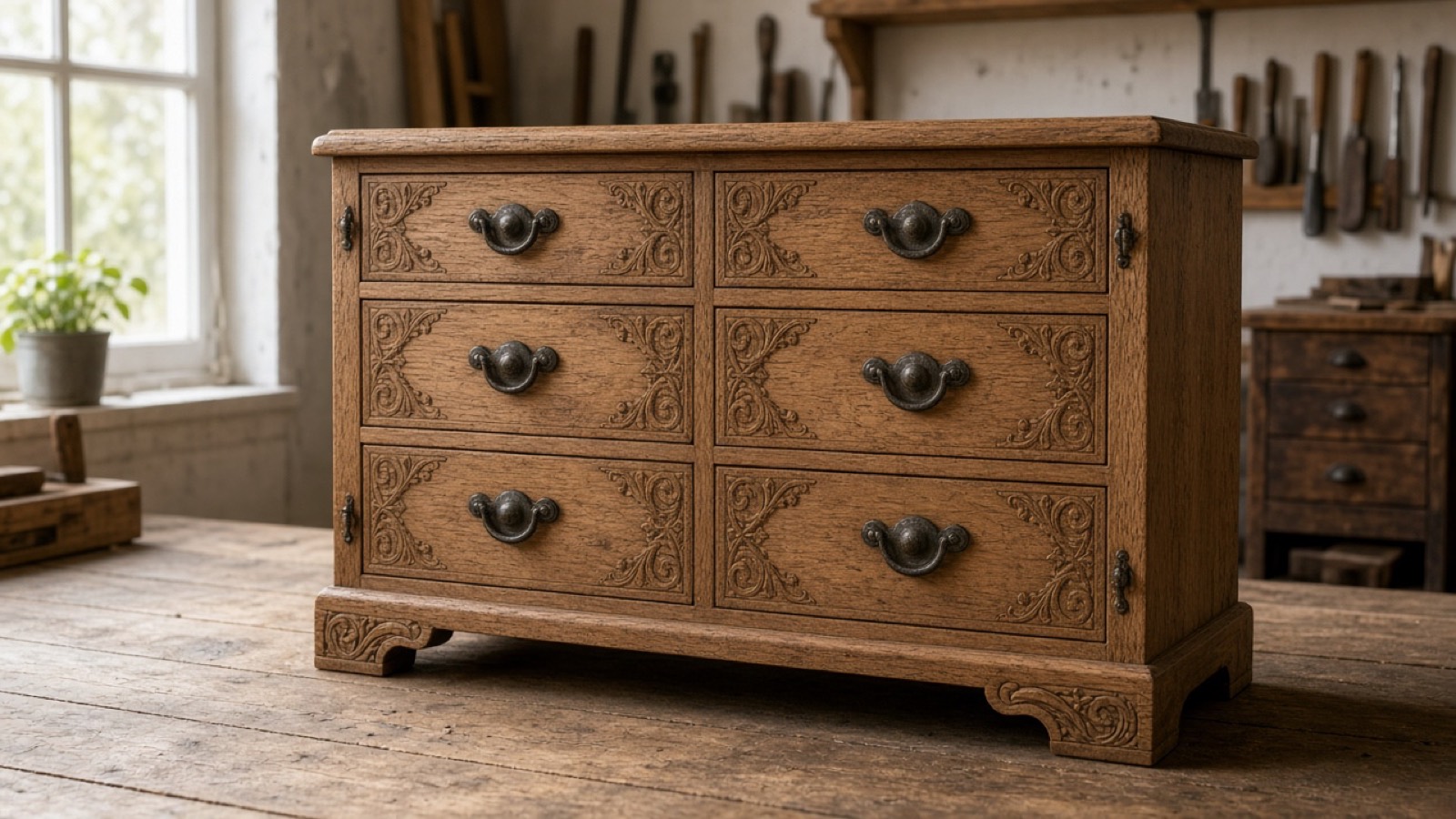 An oak chest in the workshop